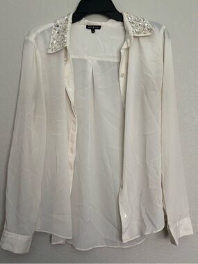 Ivory Sequin Collar Sheer Button-Down Blouse